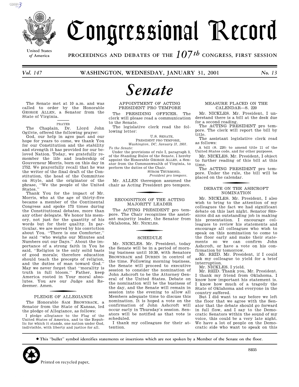 Congressional Record United States of America PROCEEDINGS and DEBATES of the 107Th CONGRESS, FIRST SESSION