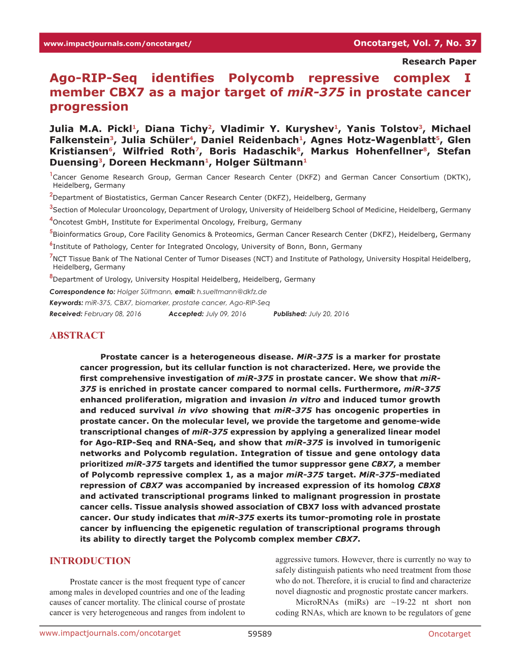 Ago-RIP-Seq Identifies Polycomb Repressive Complex I Member CBX7 As a Major Target of Mir-375 in Prostate Cancer Progression