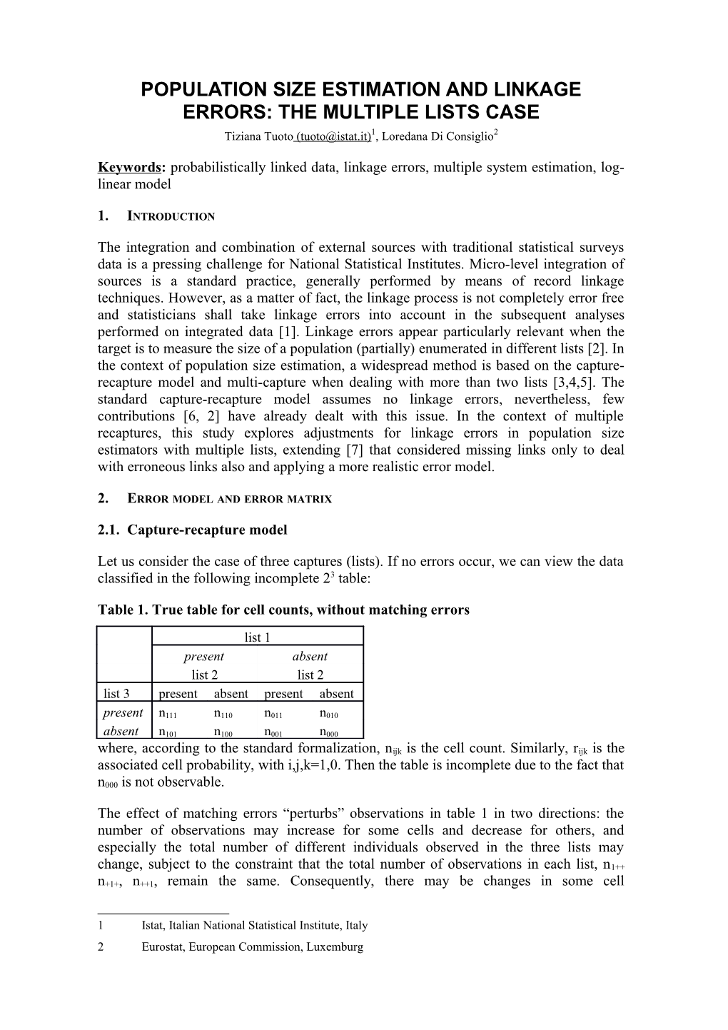 Population Size Estimation and Linkage Errors: the Multiple Lists Case