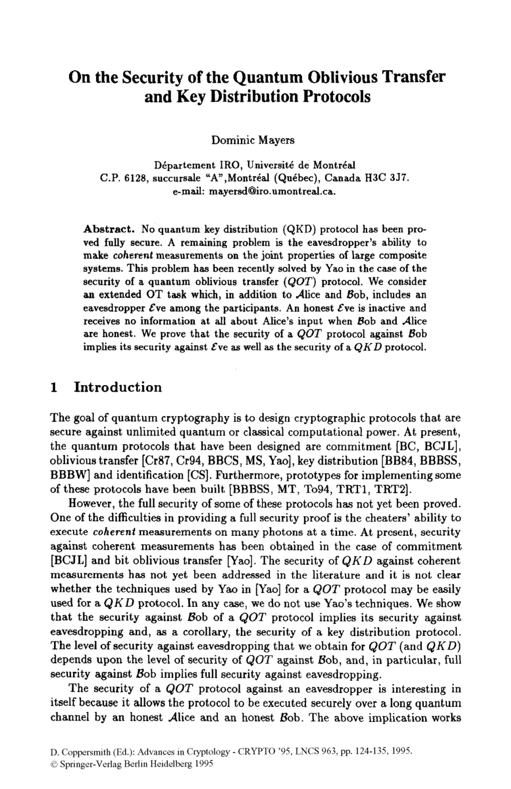 On the Security of the Quantum Oblivious Transfer and Key Distribution Protocols