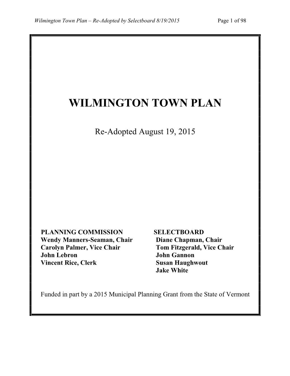 Wilmington Town Plan Adopted 8-19-2015
