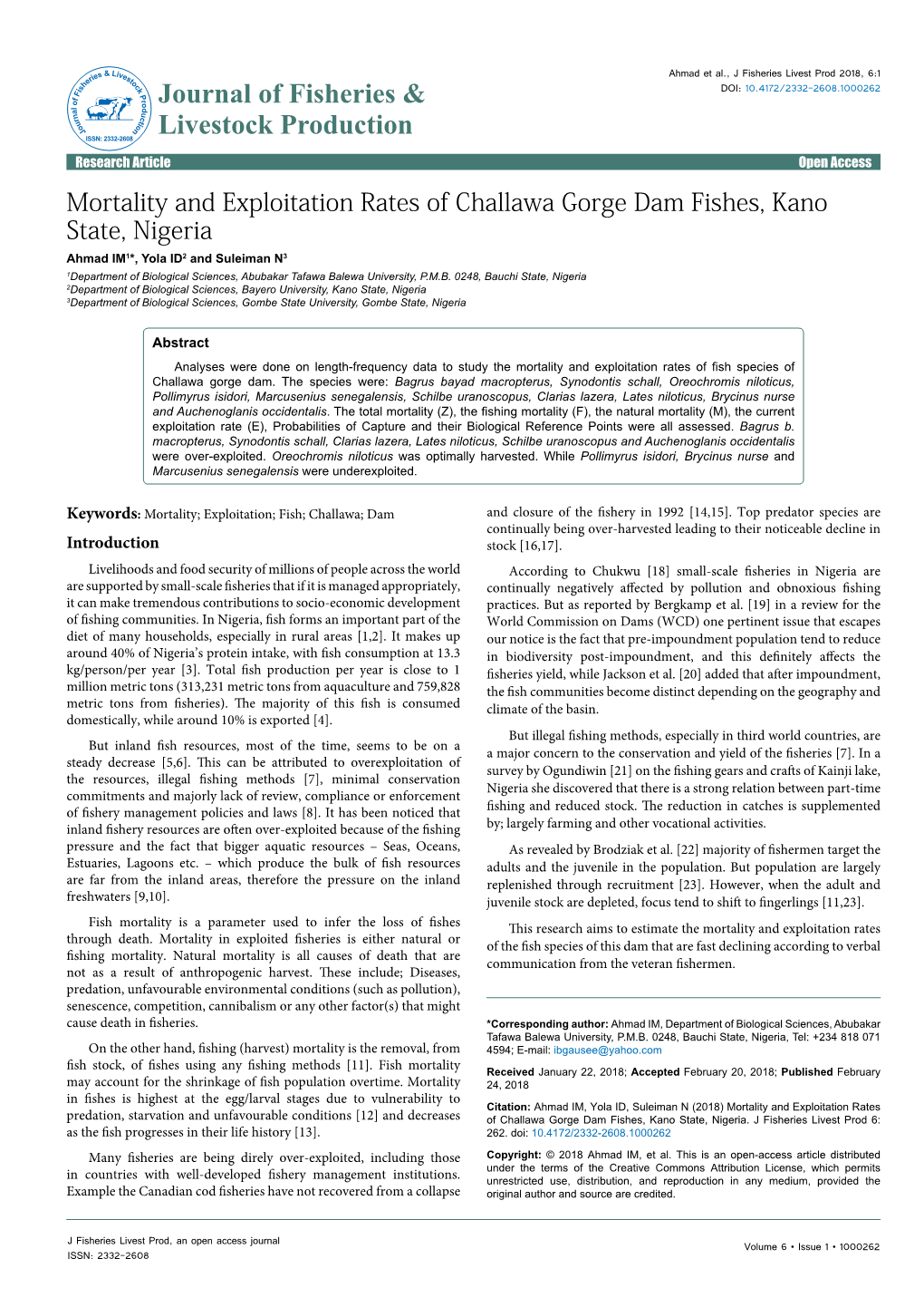 Mortality and Exploitation Rates of Challawa Gorge Dam Fishes, Kano