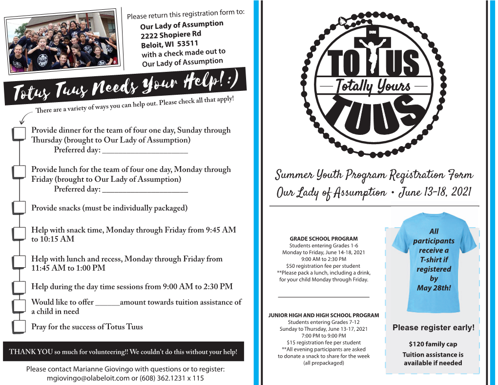 Summer Youth Program Registration Form Our Lady of Assumption June