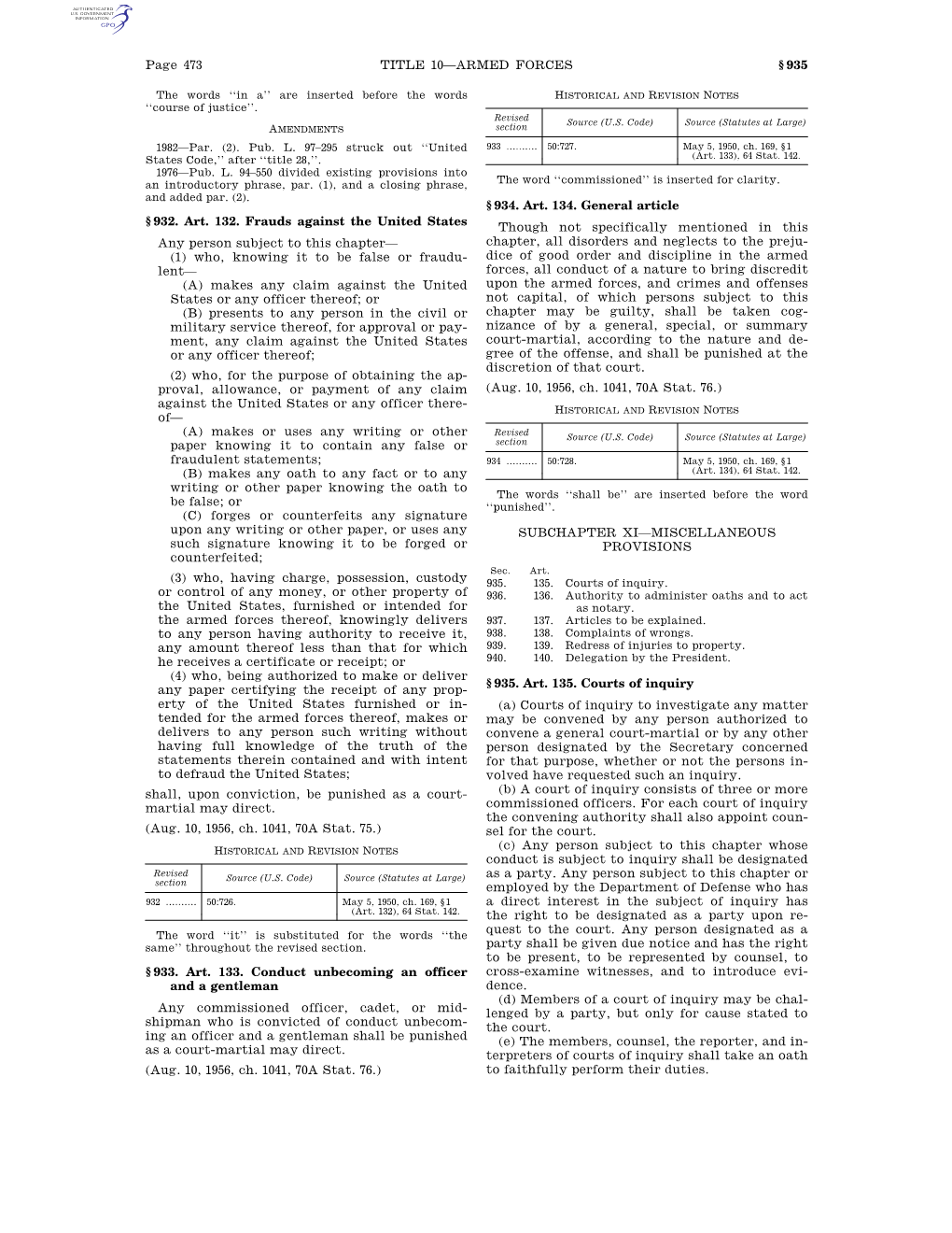 Page 473 TITLE 10—ARMED FORCES § 935 §932. Art. 132