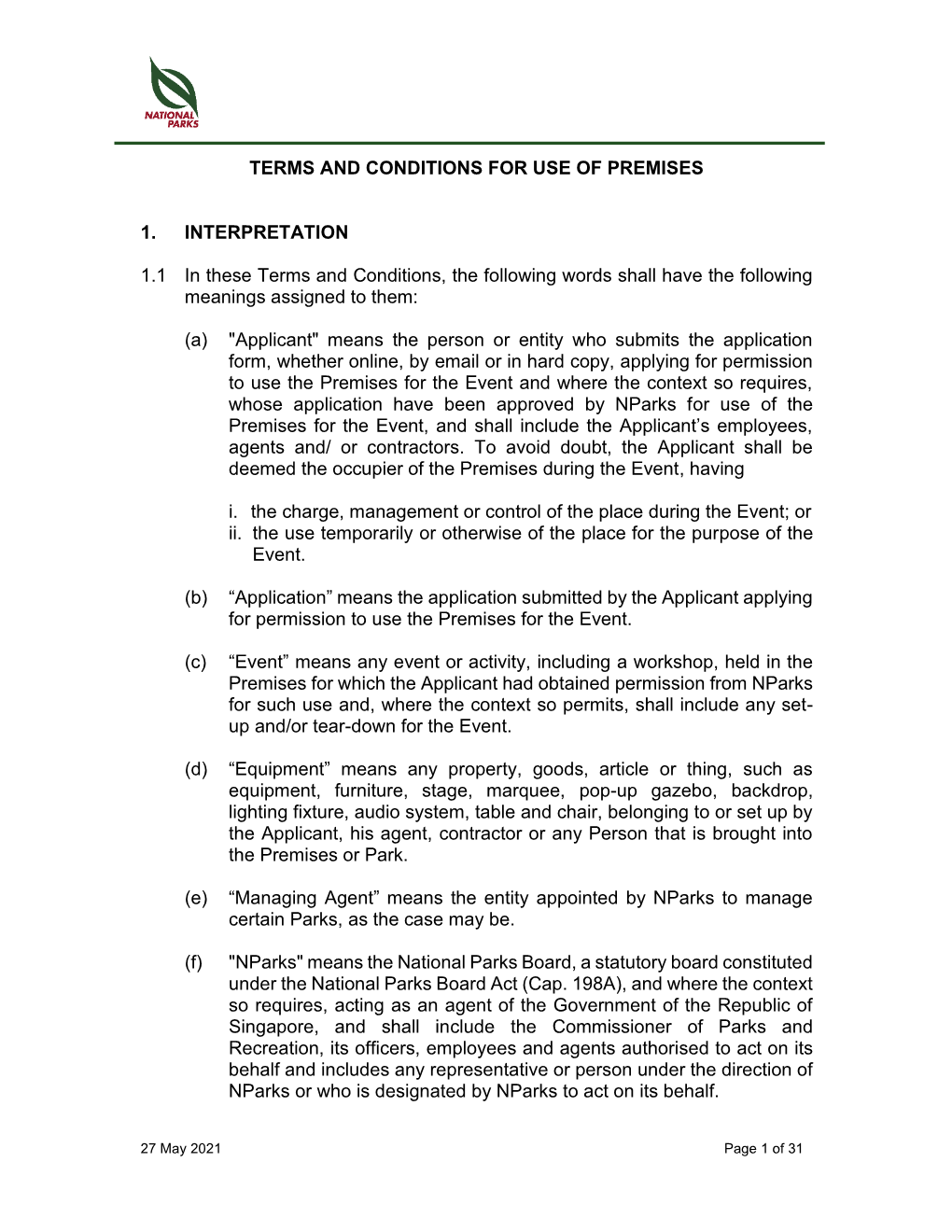 Terms and Conditions for Use of Premises