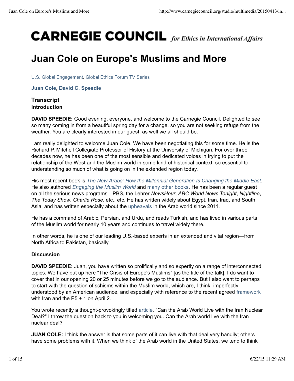 Juan Cole on Europe's Muslims and More