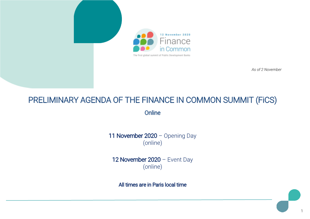 PRELIMINARY AGENDA of the FINANCE in COMMON SUMMIT (Fics) Online