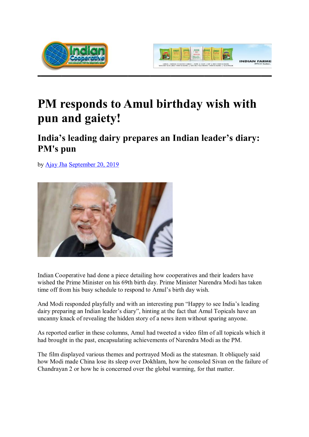 PM Responds to Amul Birthday Wish with Pun and Gaiety! India’S Leading Dairy Prepares an Indian Leader’S Diary: PM's Pun by Ajay Jha September 20, 2019