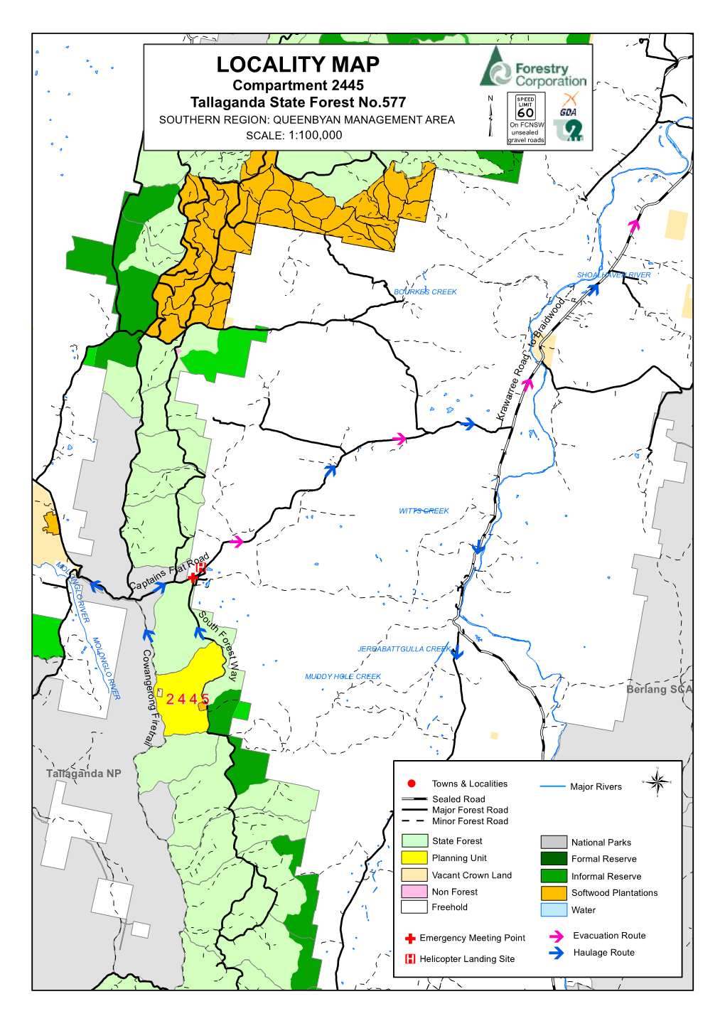 LOCALITY MAP Compartment 2445 Tallaganda State Forest No.577 23> SOUTHERN REGION: QUEENBYAN MANAGEMENT AREA on FCNSW Unsealed SCALE: 1:100,000 ³ Gravel Roads