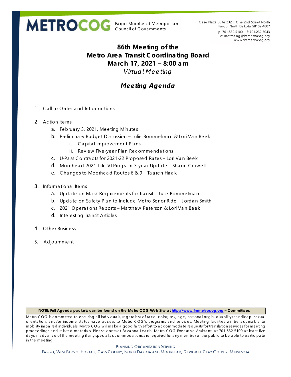 86Th Meeting of the Metro Area Transit Coordinating Board March 17, 2021 – 8:00 Am Virtual Meeting