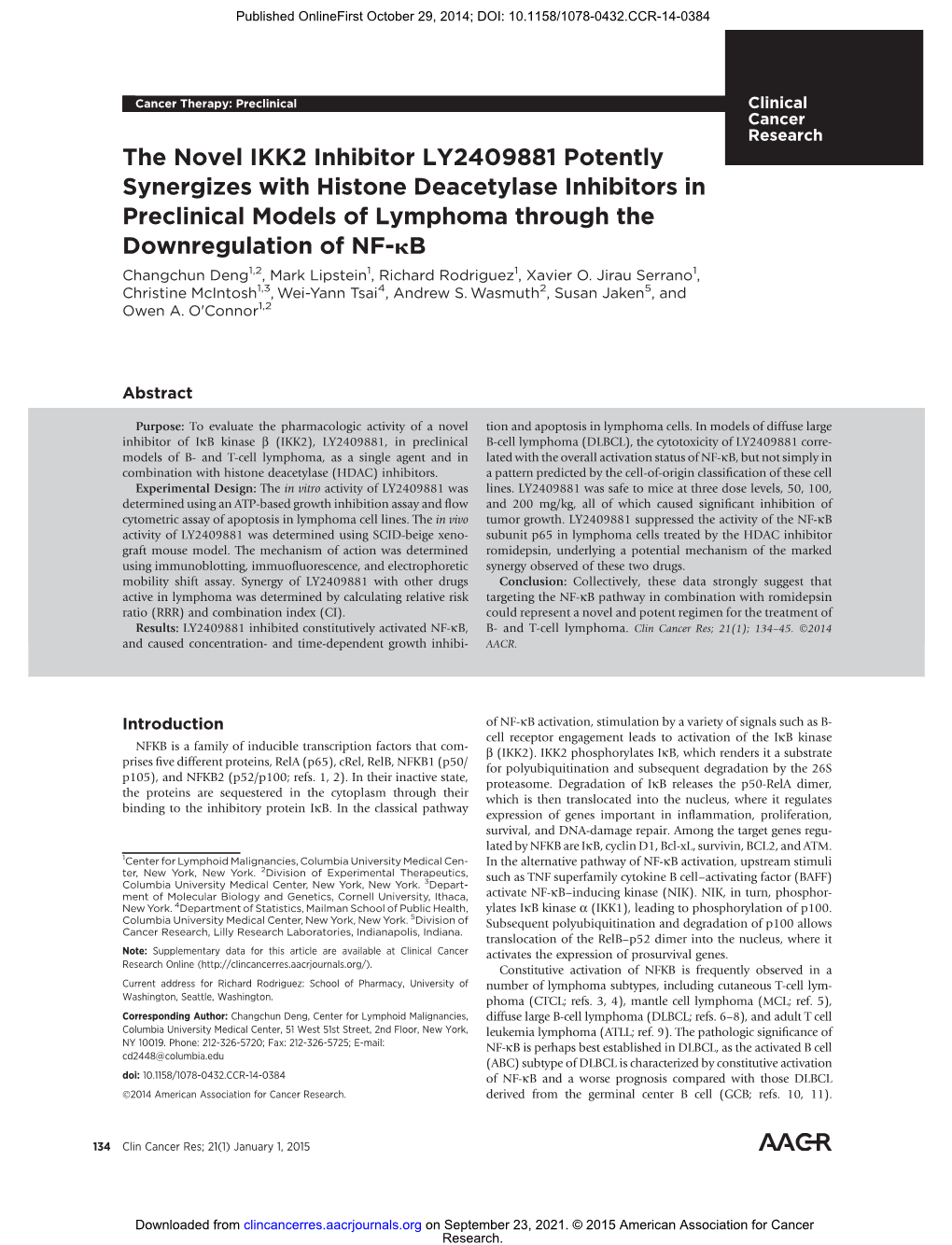 The Novel IKK2 Inhibitor LY2409881 Potently Synergizes with Histone