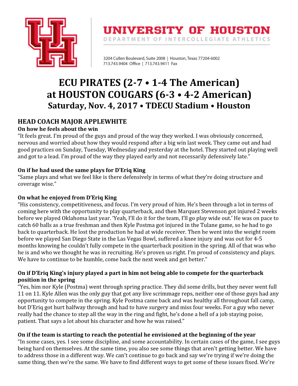 ECU PIRATES (2-7 • 1-4 the American) at HOUSTON COUGARS (6-3 • 4-2 American) Saturday, Nov