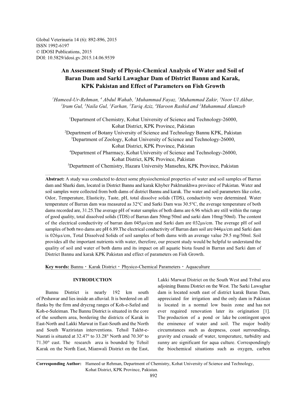 An Assessment Study of Physic-Chemical Analysis of Water