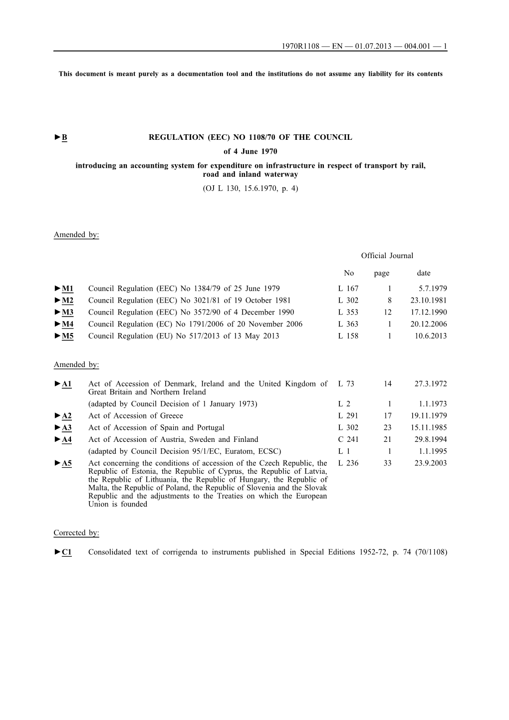 B REGULATION (EEC) NO 1108/70 of the COUNCIL of 4 June 1970 Introducing an Accounting System for Expenditure on Infrastructur