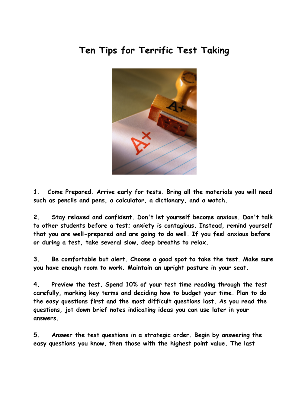 Ten Tips for Terrific Test Taking