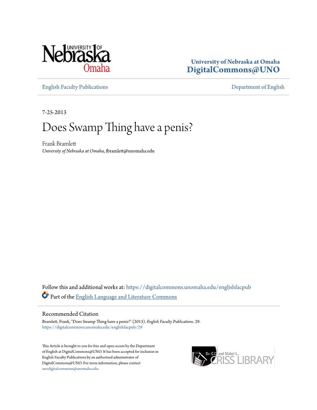 Does Swamp Thing Have a Penis? Frank Bramlett University of Nebraska at Omaha, Fbramlett@Unomaha.Edu