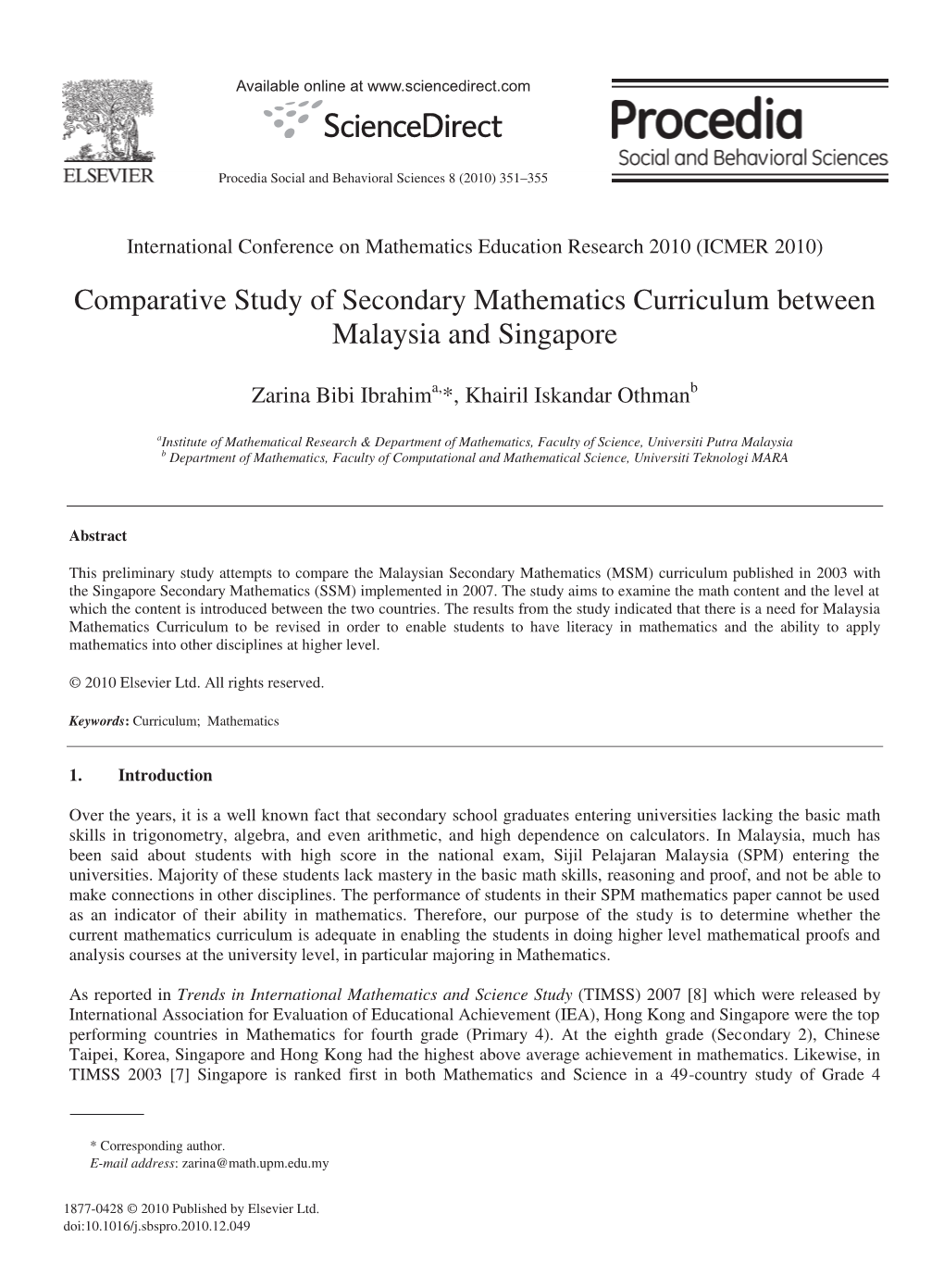 Comparative Study of Secondary Mathematics Curriculum Between Malaysia and Singapore