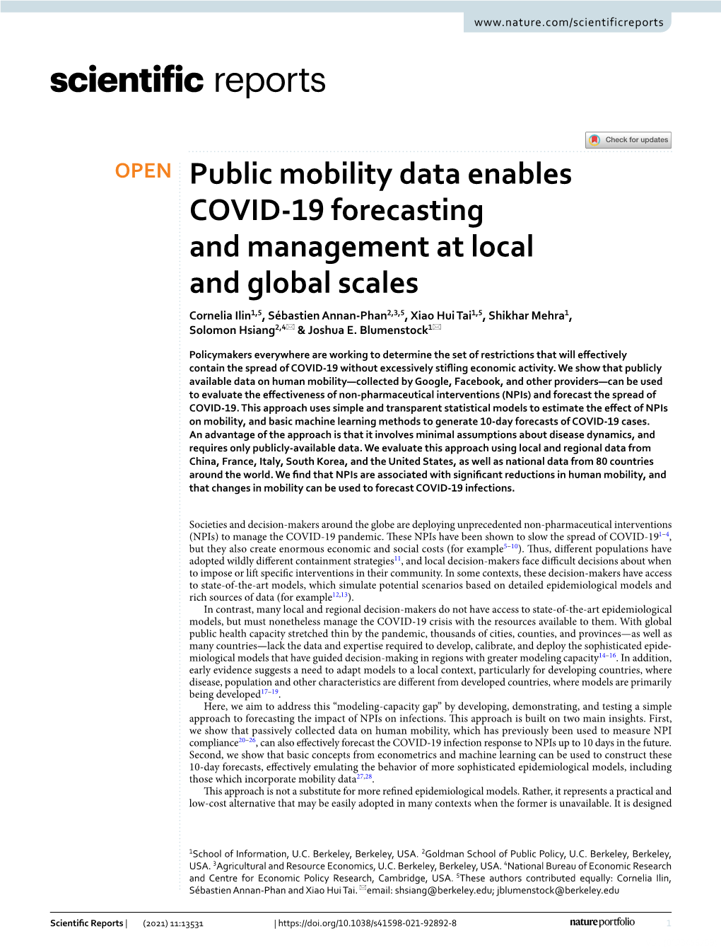 Public Mobility Data Enables COVID-19 Forecasting and Management at Local and Global Scales