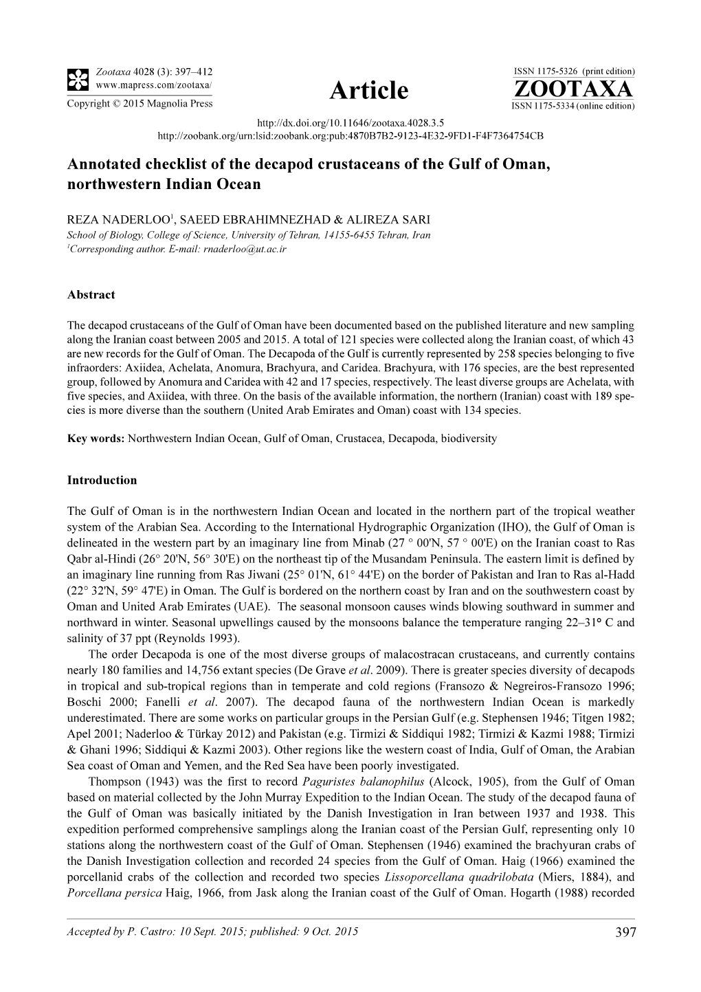 Annotated Checklist of the Decapod Crustaceans of the Gulf of Oman, Northwestern Indian Ocean