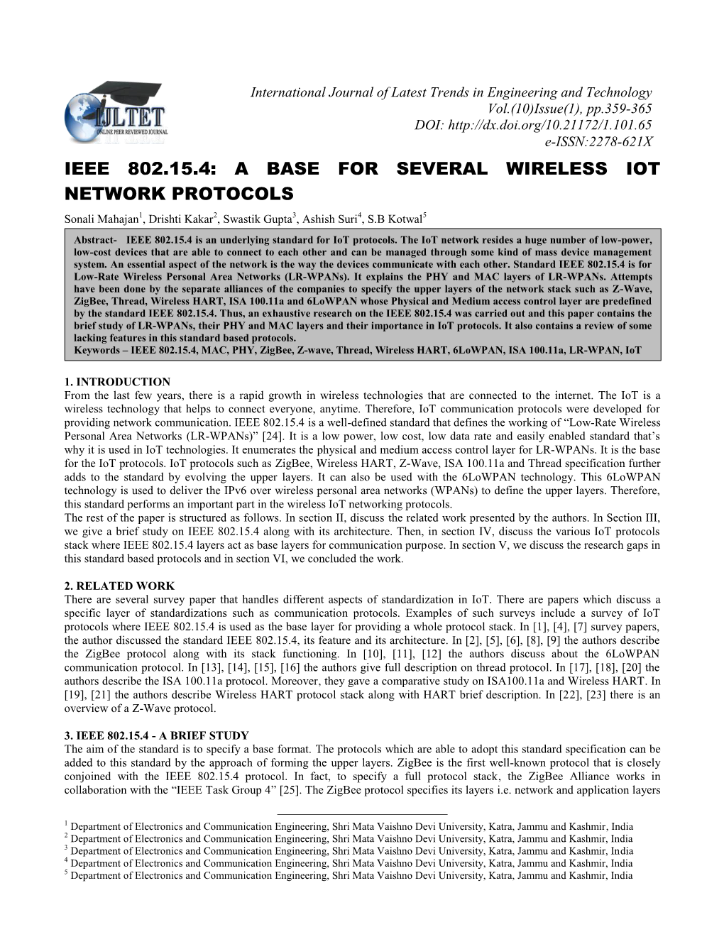 Ieee 802.15.4: a Base for Several Wireless Iot Network Protocols