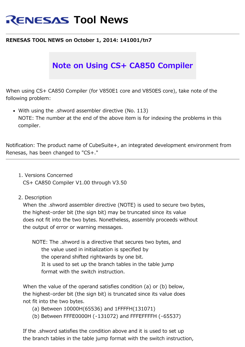 Note on Using CS+ CA850 Compiler