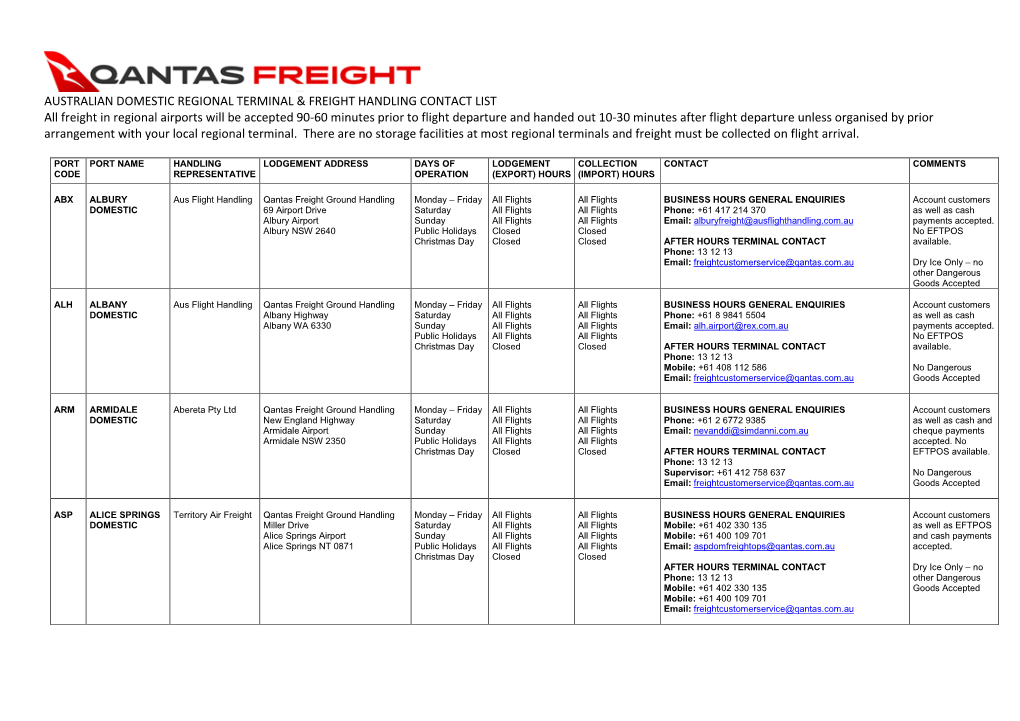 Australian Domestic Regional Terminal & Freight