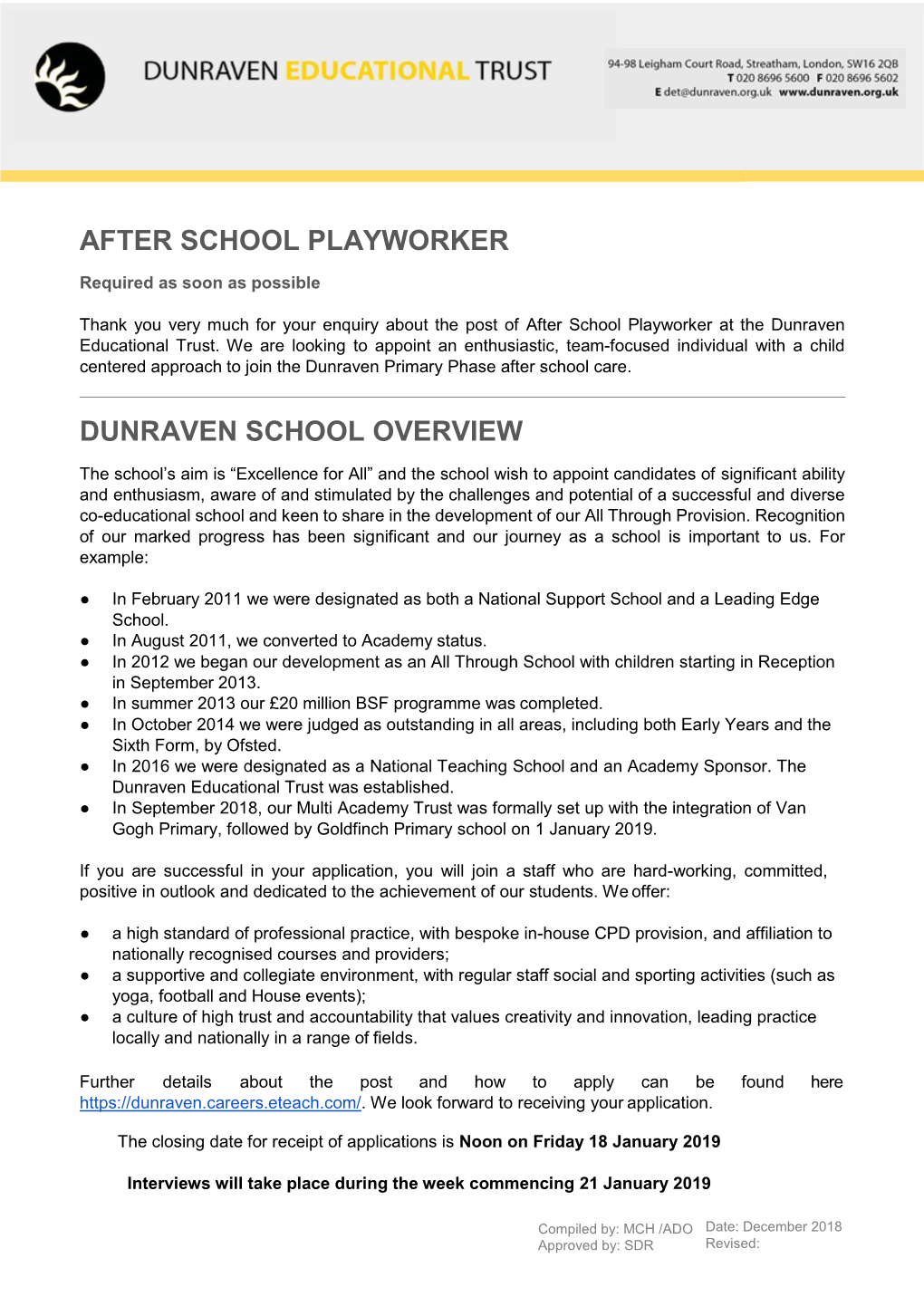 After School Playworker Dunraven School Overview