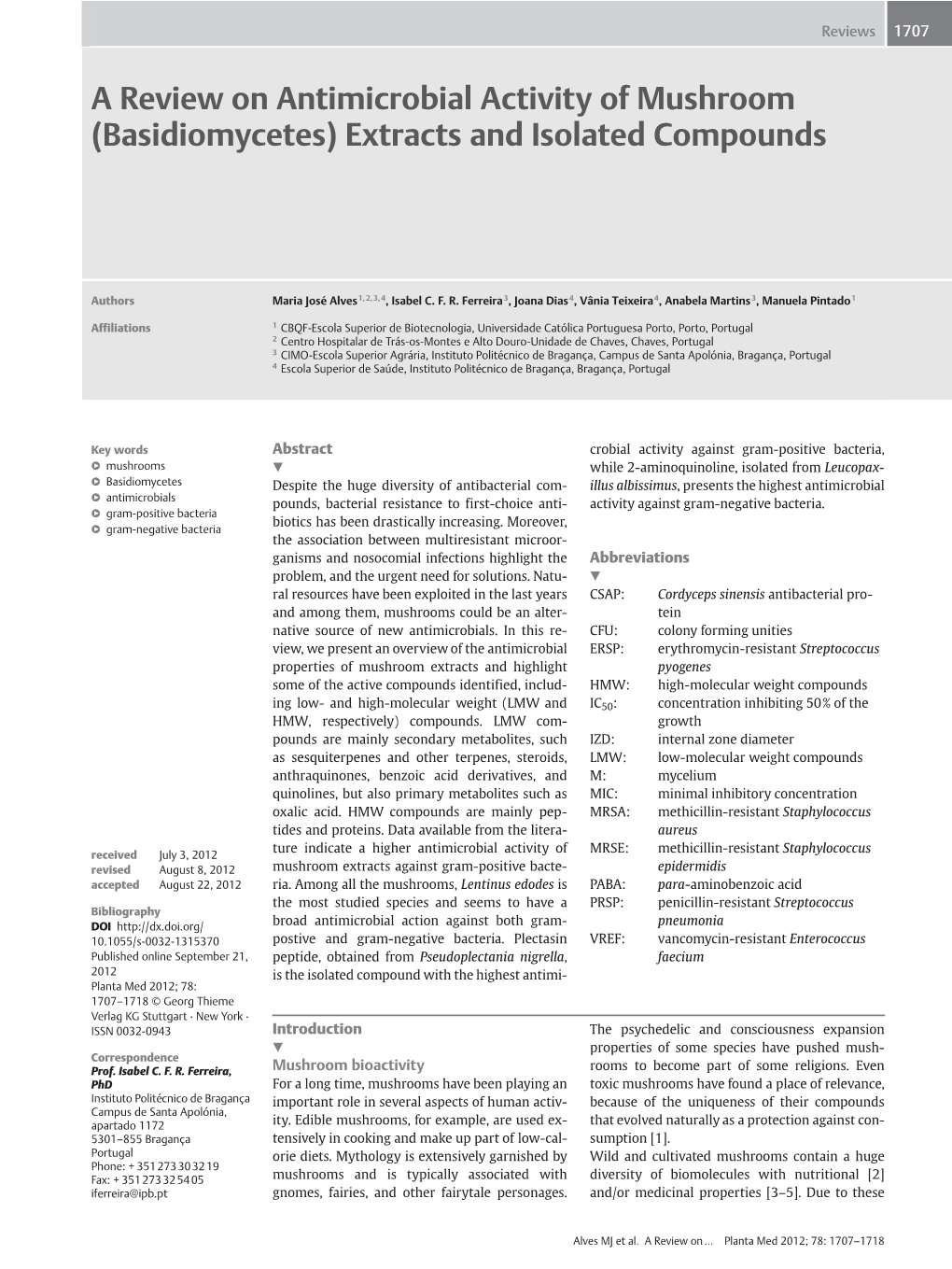 A Review on Antimicrobial Activity of Mushroom (Basidiomycetes) Extracts and Isolated Compounds