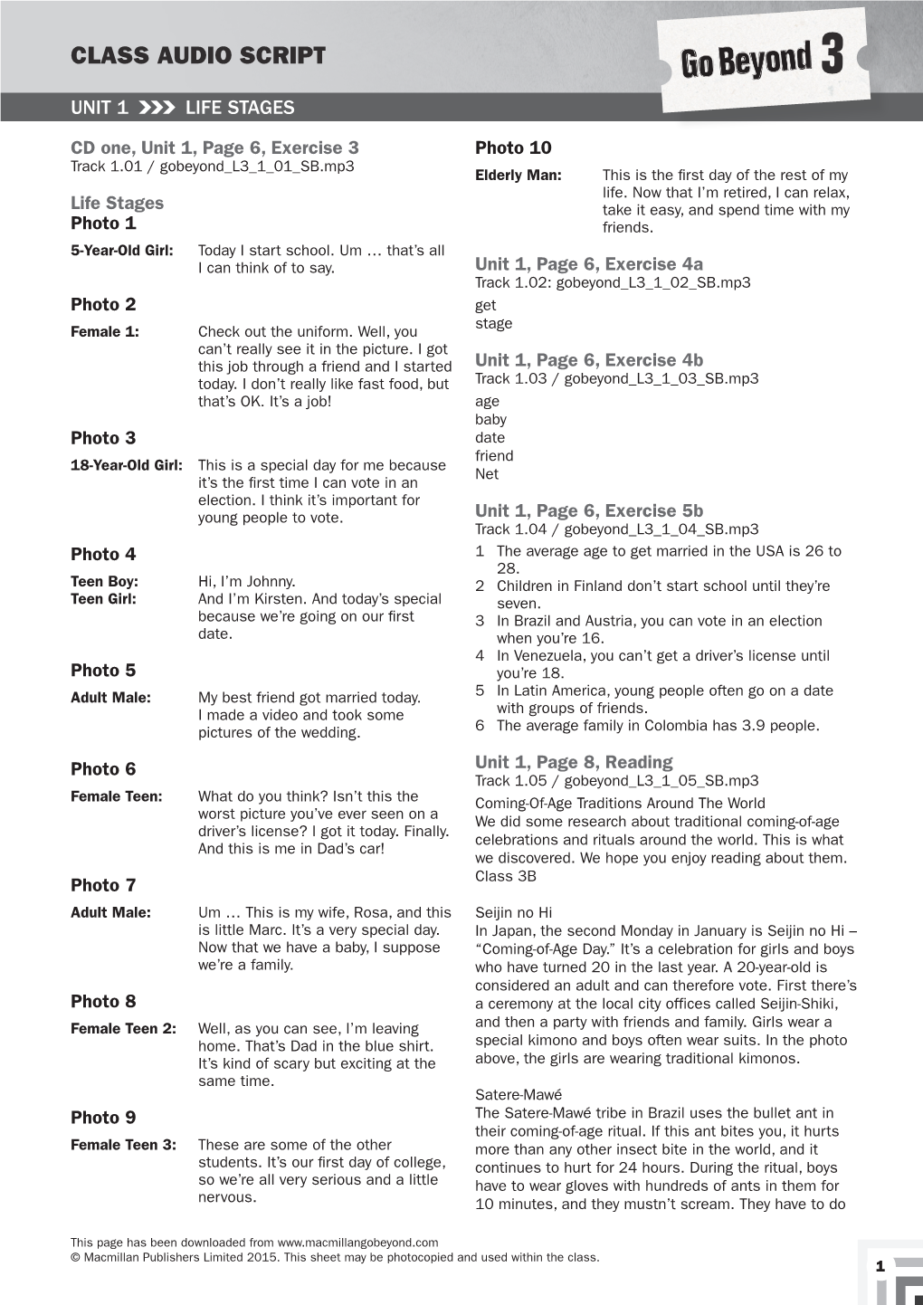 Class Audio Script 3 Unit 1 Life Stages