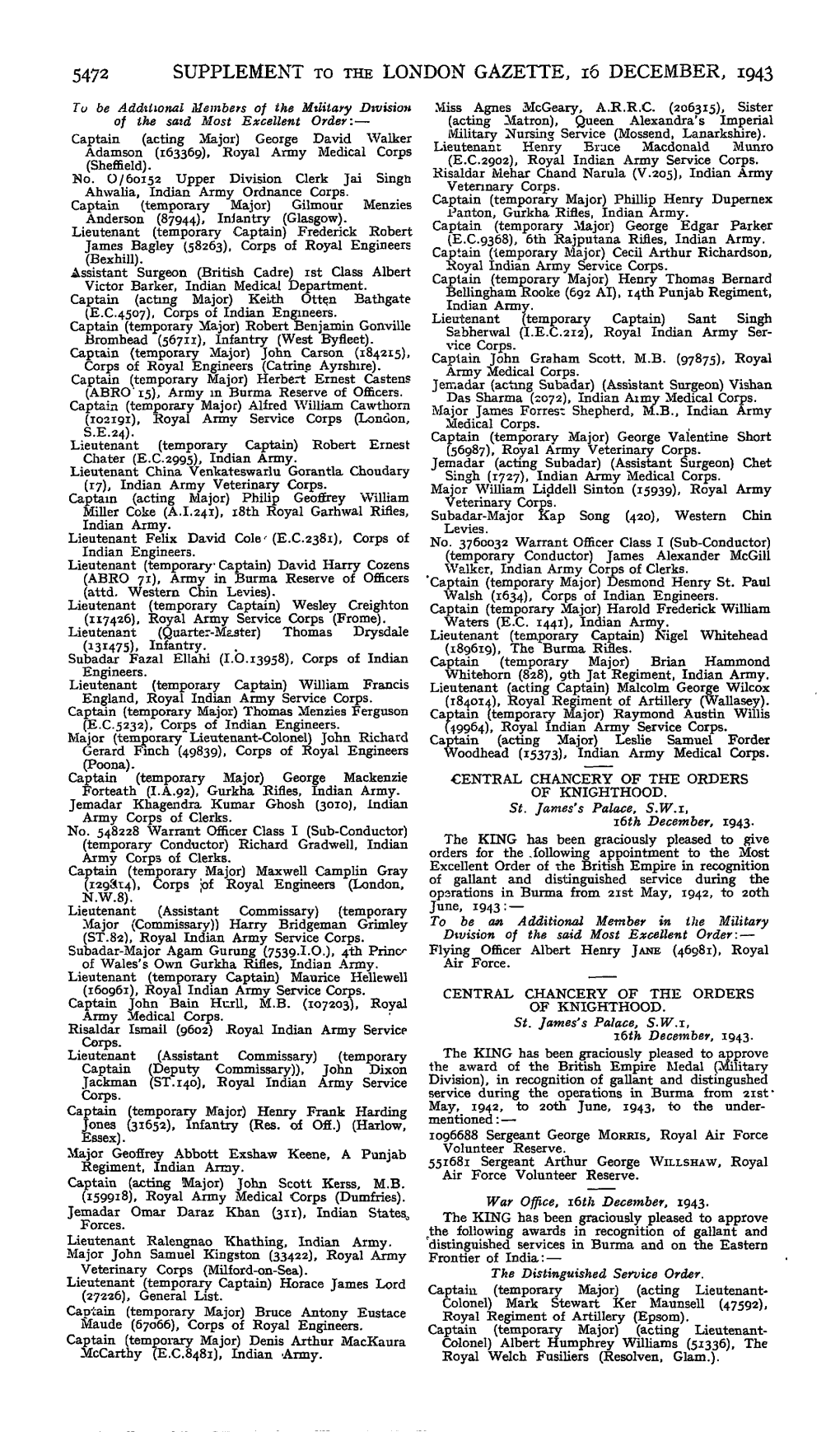5472 SUPPLEMENT to the LONDON GAZETTE, 16 DECEMBER, 1943 Tu Be Additional Members of the Military Division Miss Agnes Mcgeary, A.R.R.C