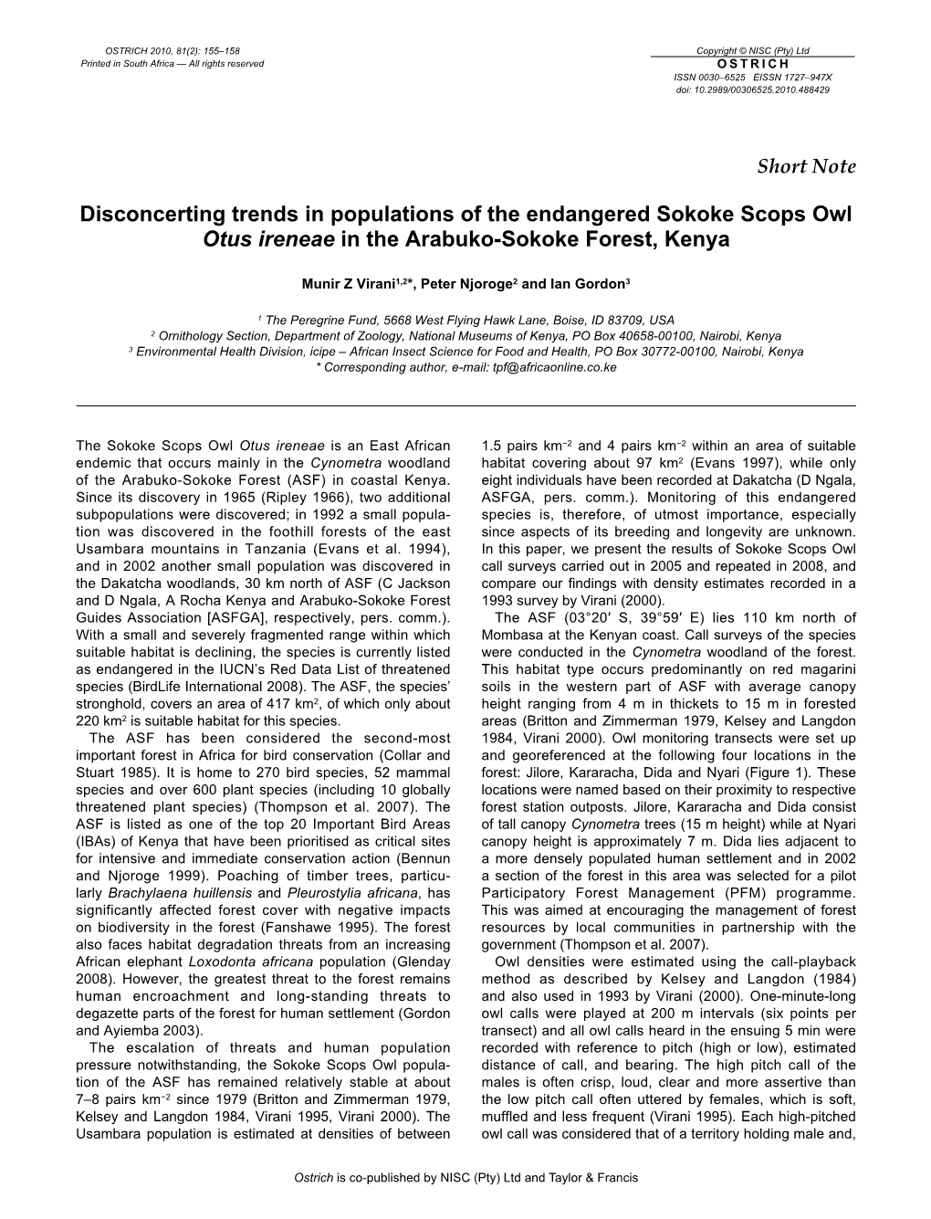 Disconcerting Trends in Populations of the Endangered Sokoke Scops Owl Otus Ireneae in the Arabuko-Sokoke Forest, Kenya