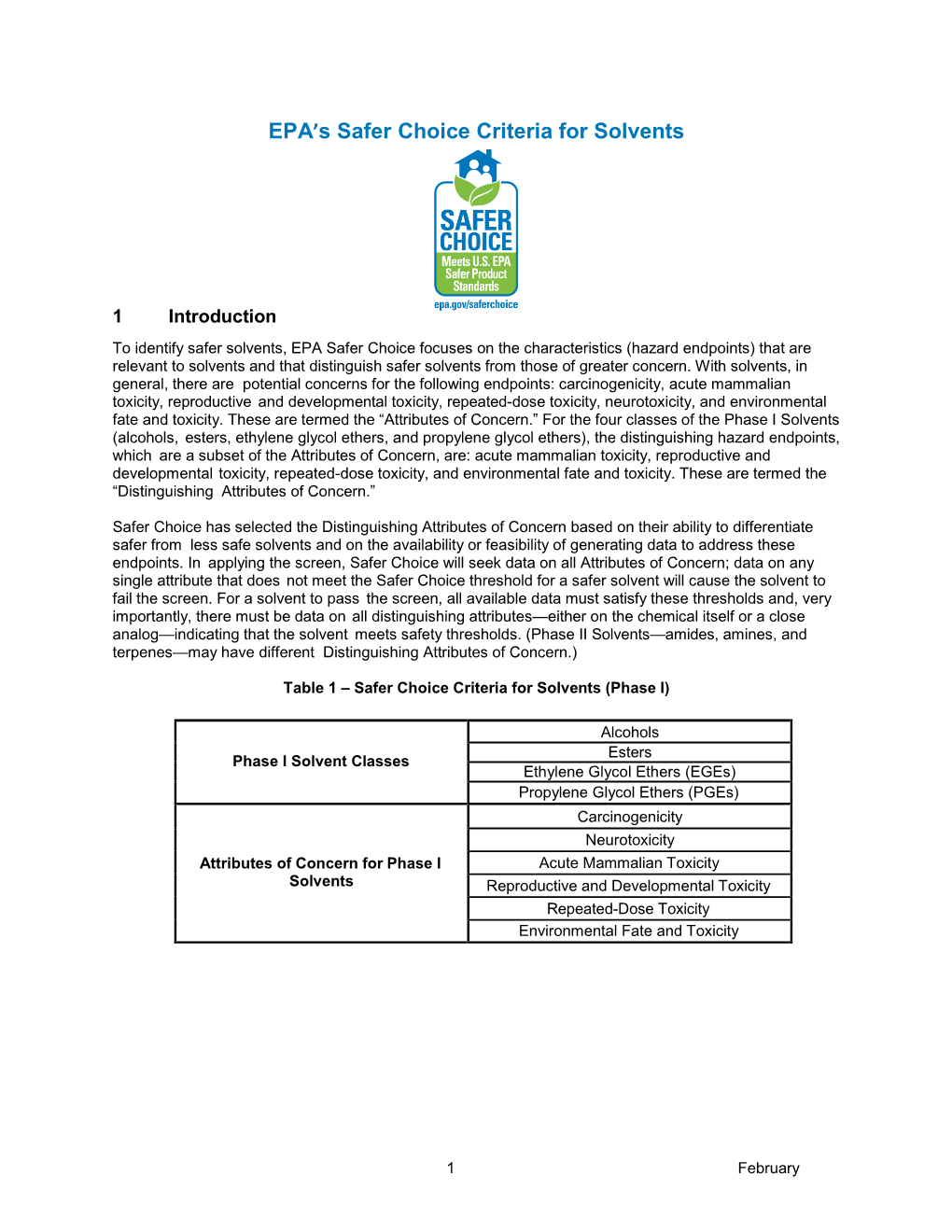 Safer Choice Criteria for Solvents