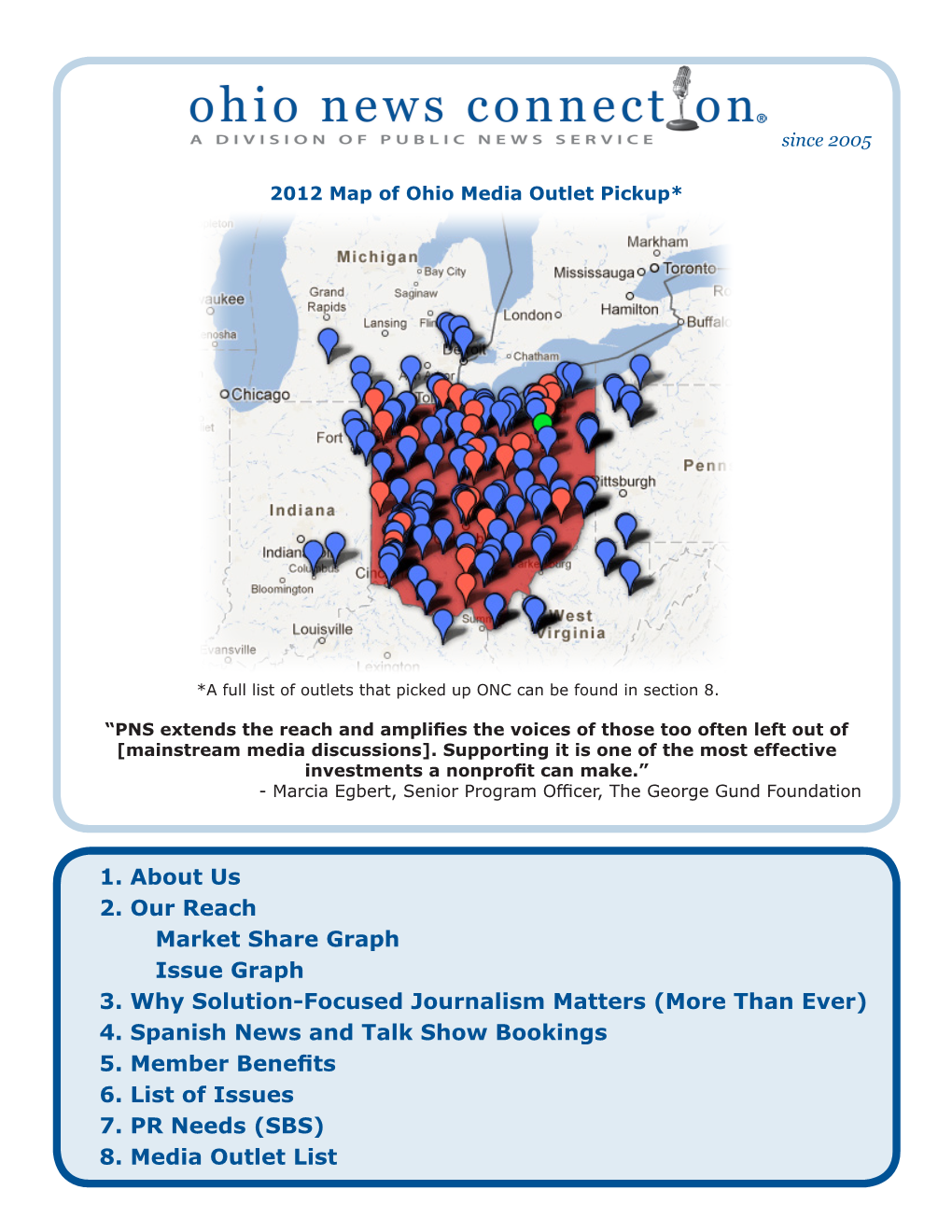 1. About Us 2. Our Reach Market Share Graph Issue Graph 3