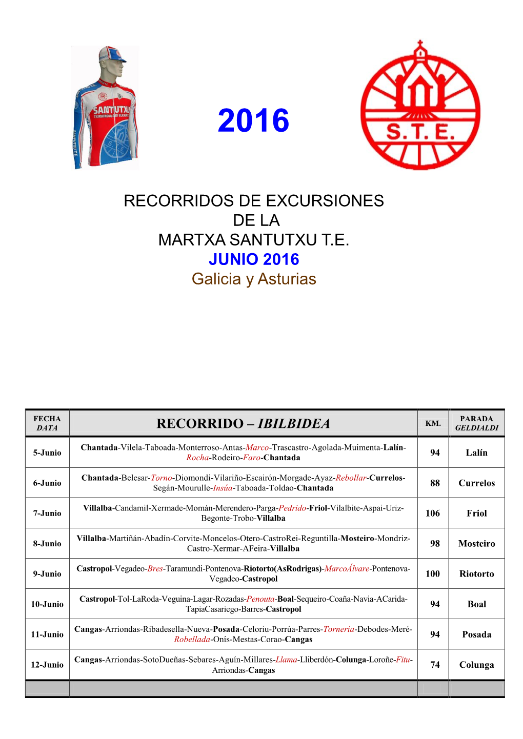 RECORRIDOS DE EXCURSIONES DE LA MARTXA SANTUTXU T.E. JUNIO 2016 Galicia Y Asturias