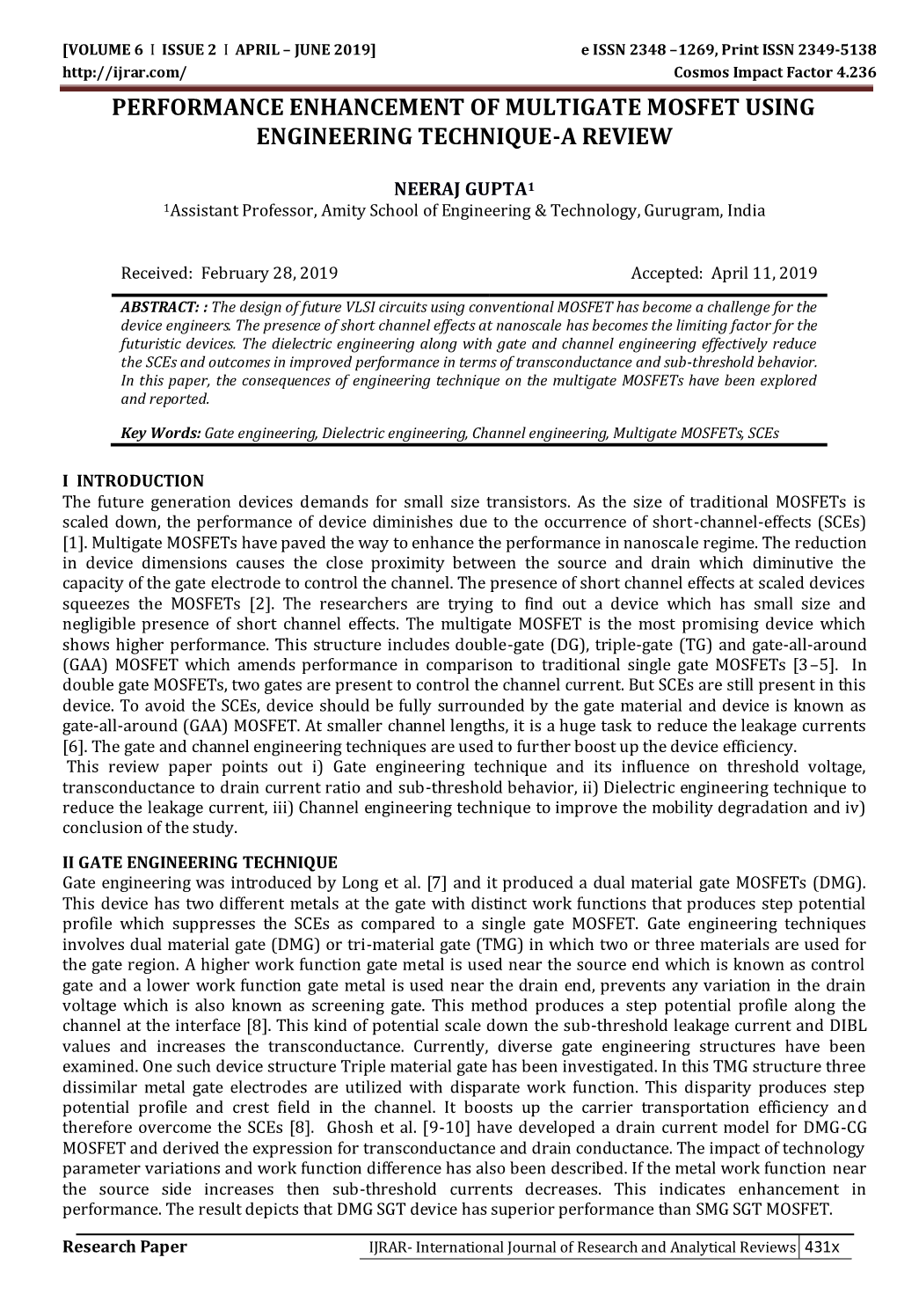 Performance Enhancement of Multigate Mosfet Using Engineering Technique-A Review