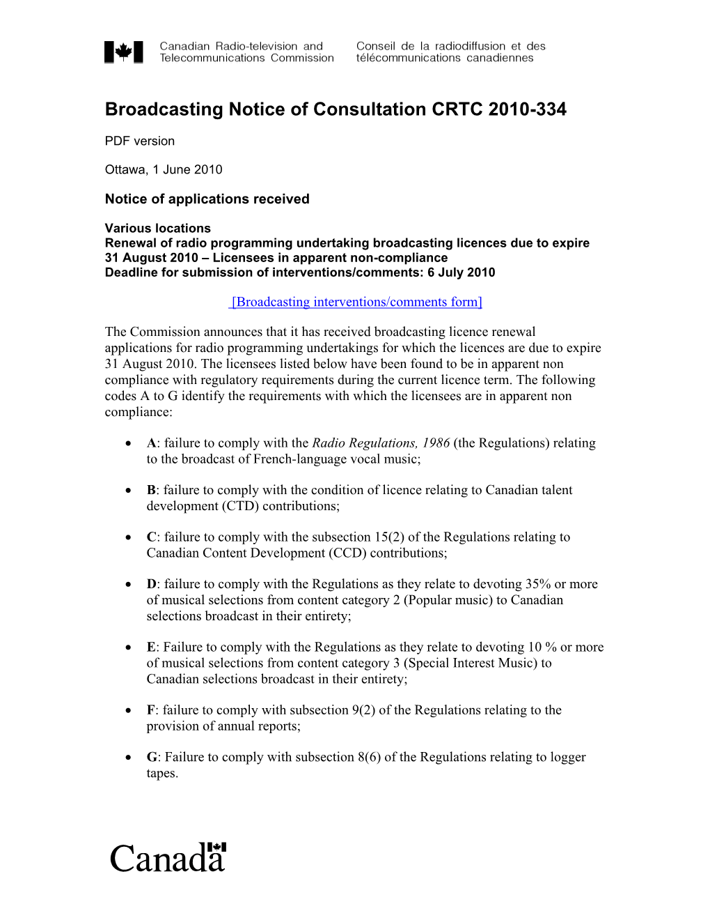 Broadcasting Notice of Consultation CRTC 2010-334