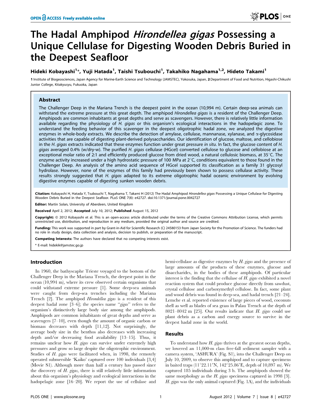 The Hadal Amphipod Hirondellea Gigas Possessing a Unique Cellulase for Digesting Wooden Debris Buried in the Deepest Seafloor