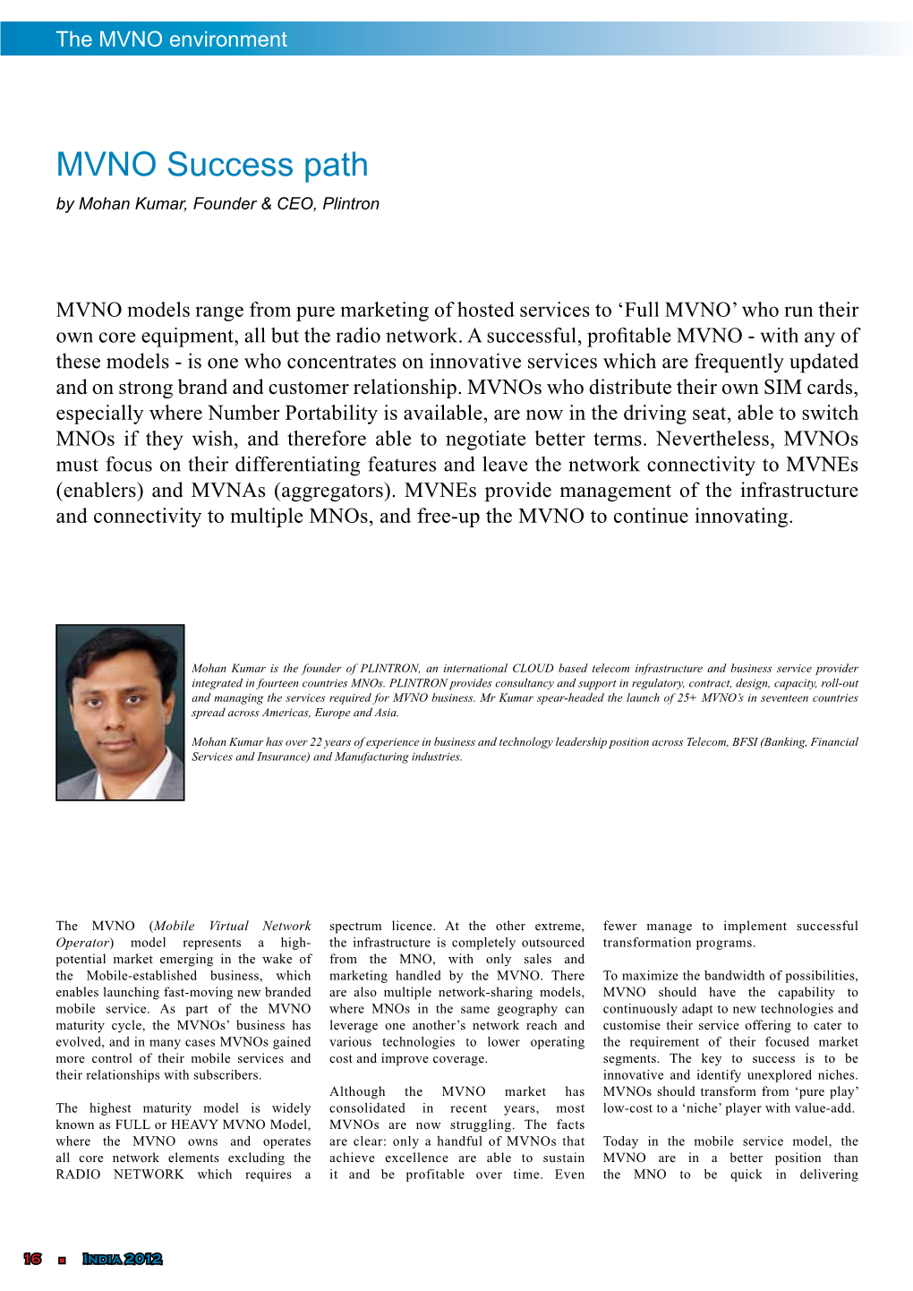 MVNO Success Path by Mohan Kumar, Founder & CEO, Plintron