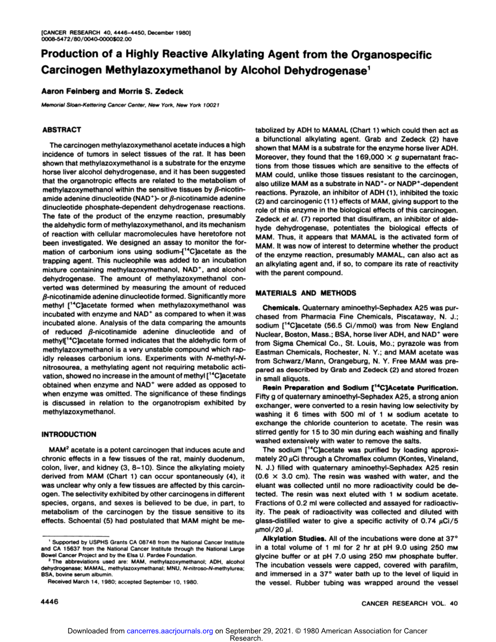 Production of a Highly Reactive Alkylating Agent from the Organospecific Carcinogen Methylazoxymethanol by Alcohol Dehydrogenase1