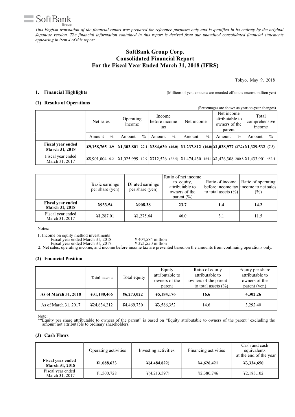 Consolidated Financial Report for the Fiscal Year Ended March 31, 2018 (IFRS)