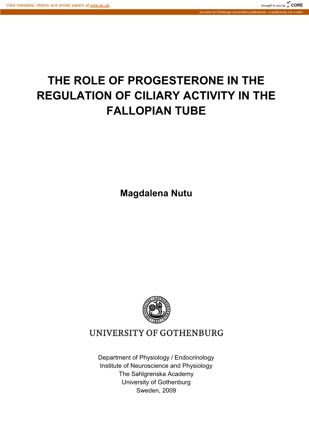 The Role of Progesterone in the Regulation of Ciliary Activity in the Fallopian Tube