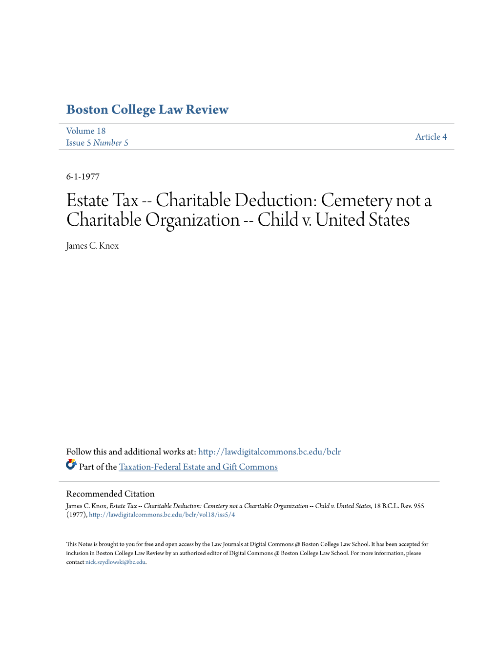 Estate Tax -- Charitable Deduction: Cemetery Not a Charitable Organization -- Child V. United States James C