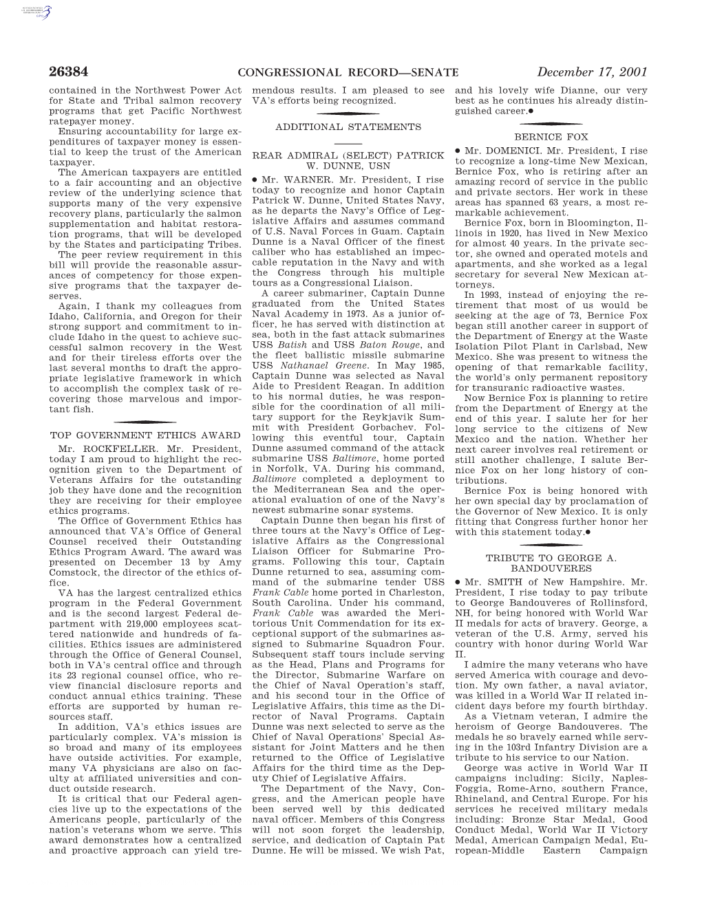 CONGRESSIONAL RECORD—SENATE December 17, 2001 Contained in the Northwest Power Act Mendous Results