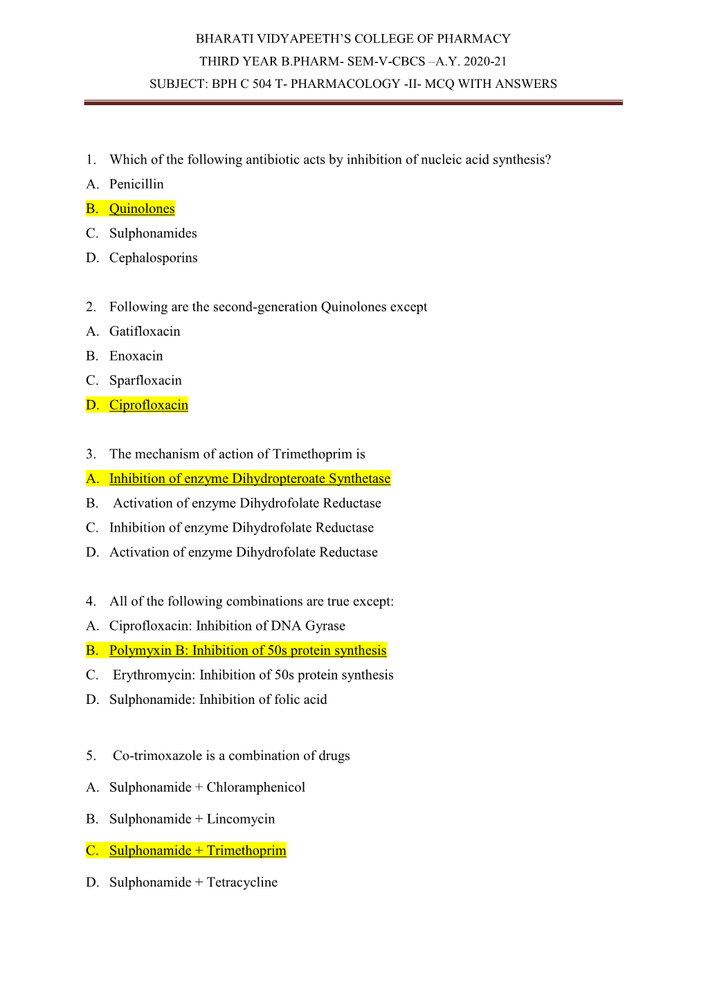 Sem-V-Cbcs –Ay 2020-21 Subject: Bph C 504 T- Pharmacology