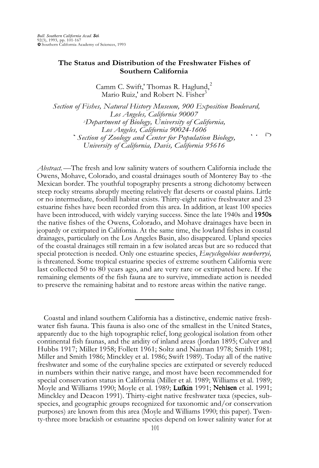 The Status and Distribution of the Freshwater Fishes of Southern California