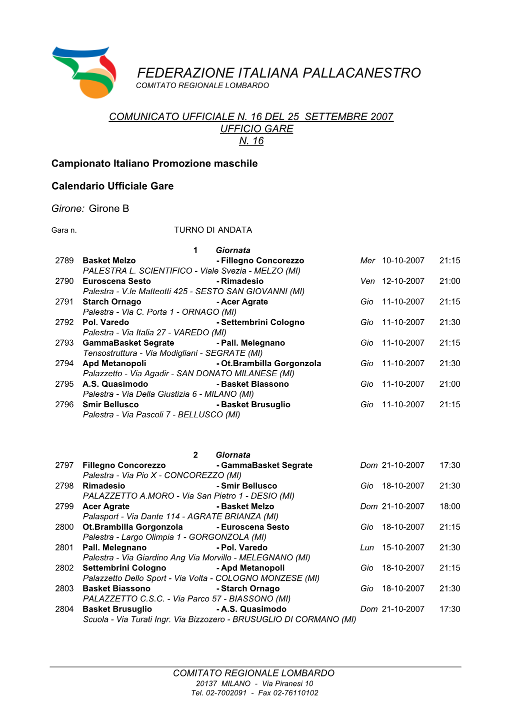 Federazione Italiana Pallacanestro Comitato Regionale Lombardo