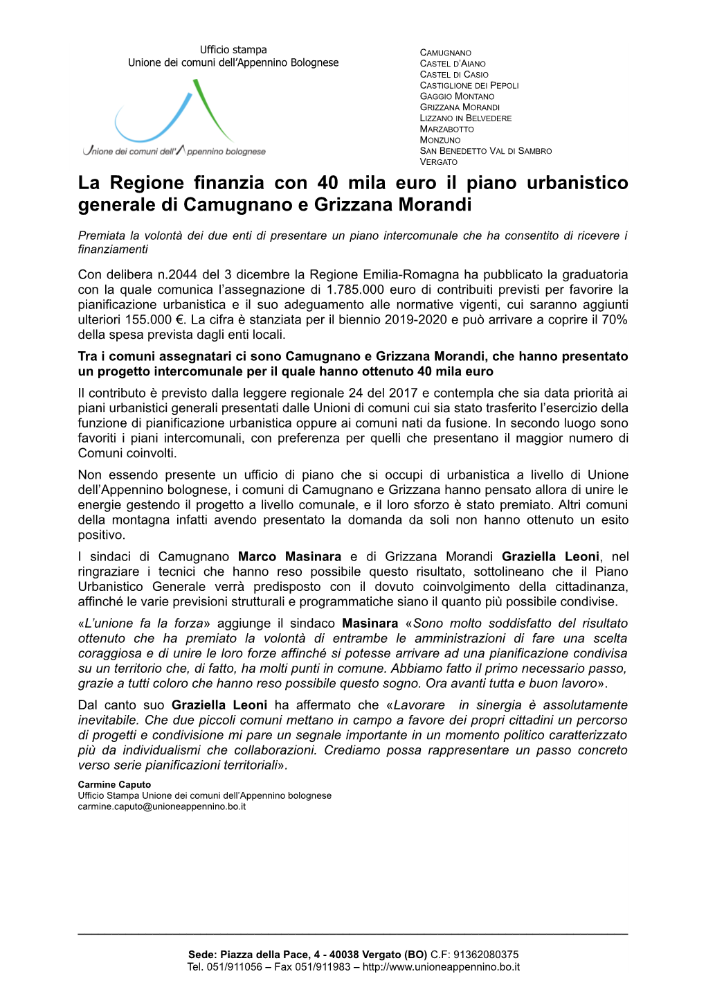 La Regione Finanzia Con 40 Mila Euro Il Piano Urbanistico Generale Di Camugnano E Grizzana Morandi