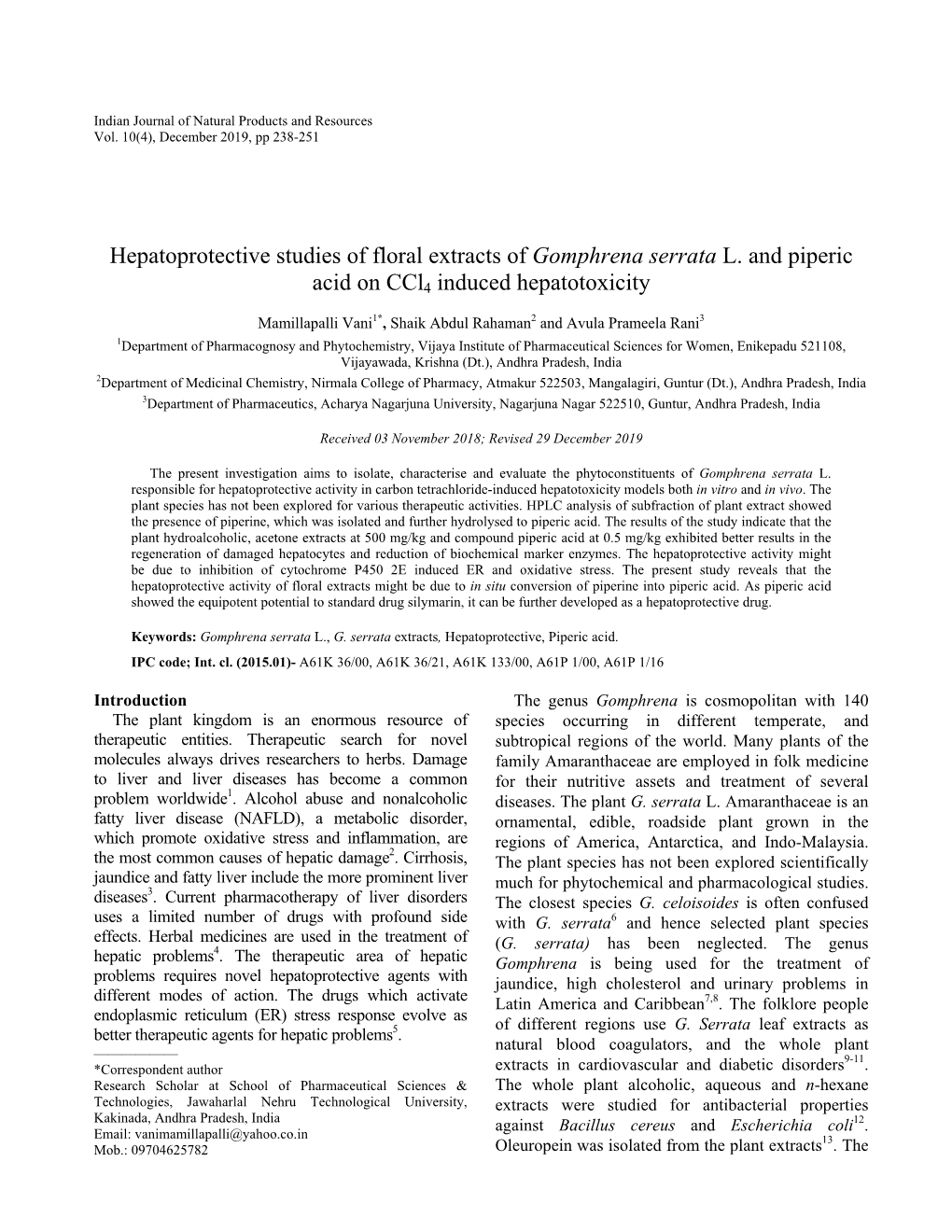 Hepatoprotective Studies of Floral Extracts of Gomphrena Serrata L