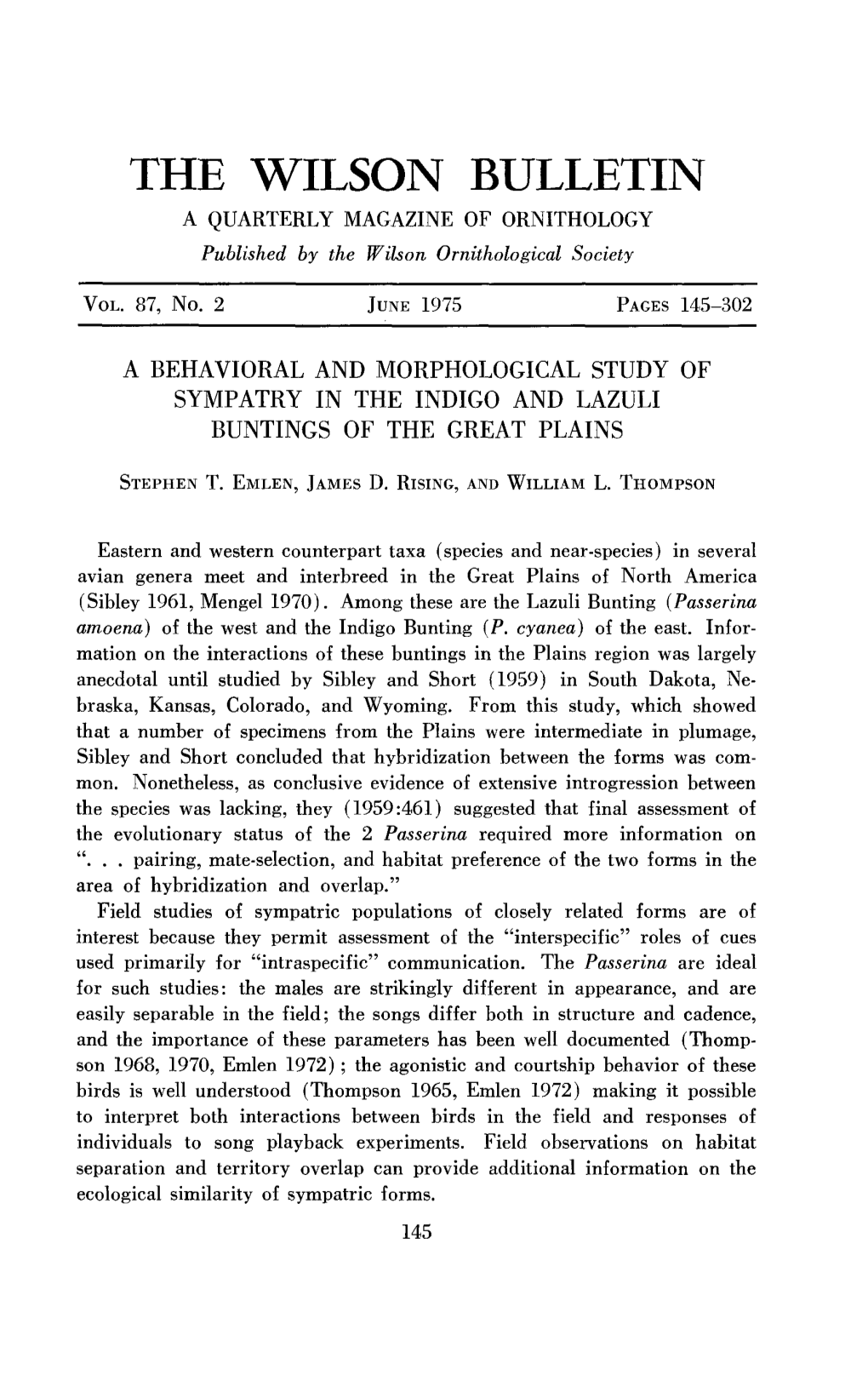 A Behavioral and Morphological Study of Sympatry in the Indigo and Lazuli Buntings of the Great Plains