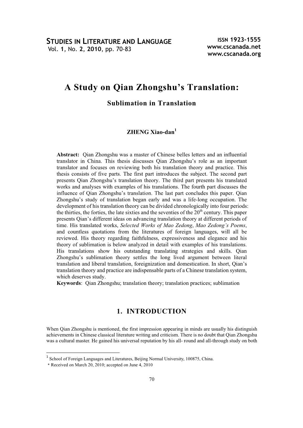 A Study on Qian Zhongshu's Translation